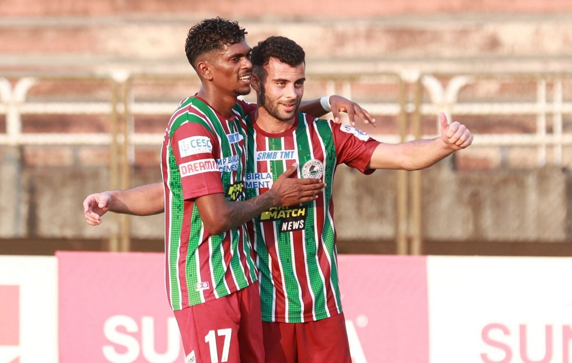 ATK Mohun Bagan players celebrate after scoring against Gokulam Kerala FC.