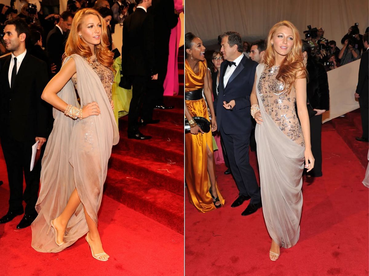 Blake looked like a Greek goddess in her 2011 Met Gala look (Image via Kevin Mazur/Getty, Stephen Lovekin/Getty)