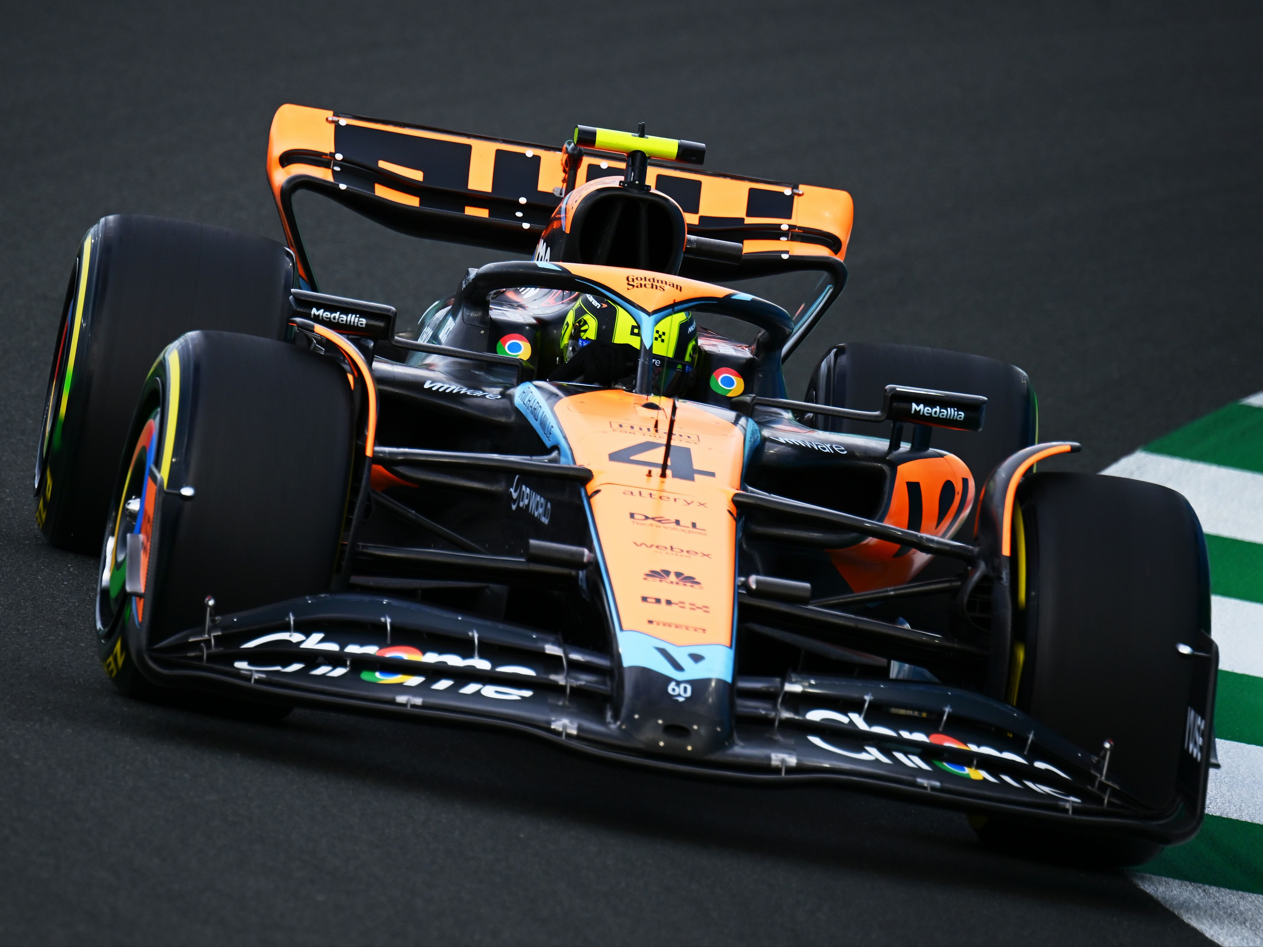 Lando Norris (4) on track during final practice ahead of the 2023 F1 Saudi Arabian Grand Prix (Photo by Clive Mason/Getty Images)
