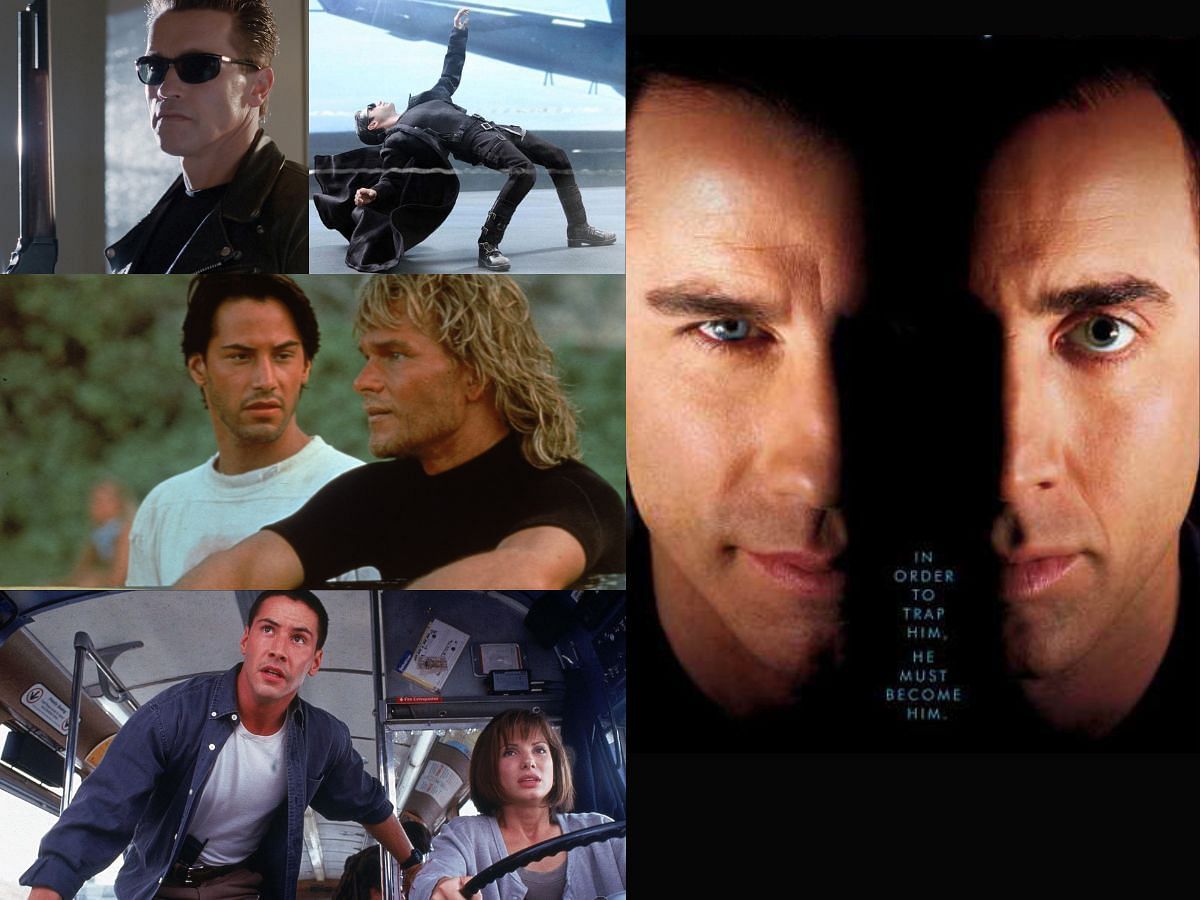 Collage of scenes from Terminator 2, Speed, The Matrix, Face/Off and Point Break. (images via IMDB)