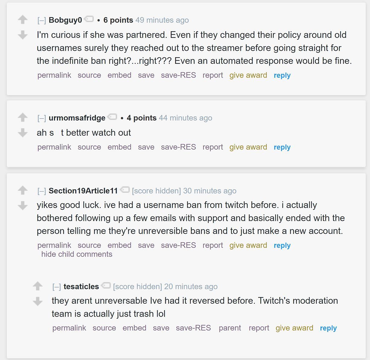 Reddit community discussing the Twitch streamer&#039;s indefinite ban (Image via r/LivestreamFail)