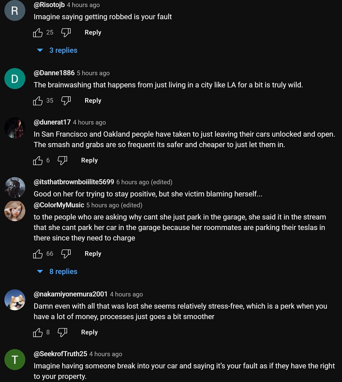 Fans in the YouTube comments section providing their take on the streamer talking about her car (Images via Jeru TV/YouTube)