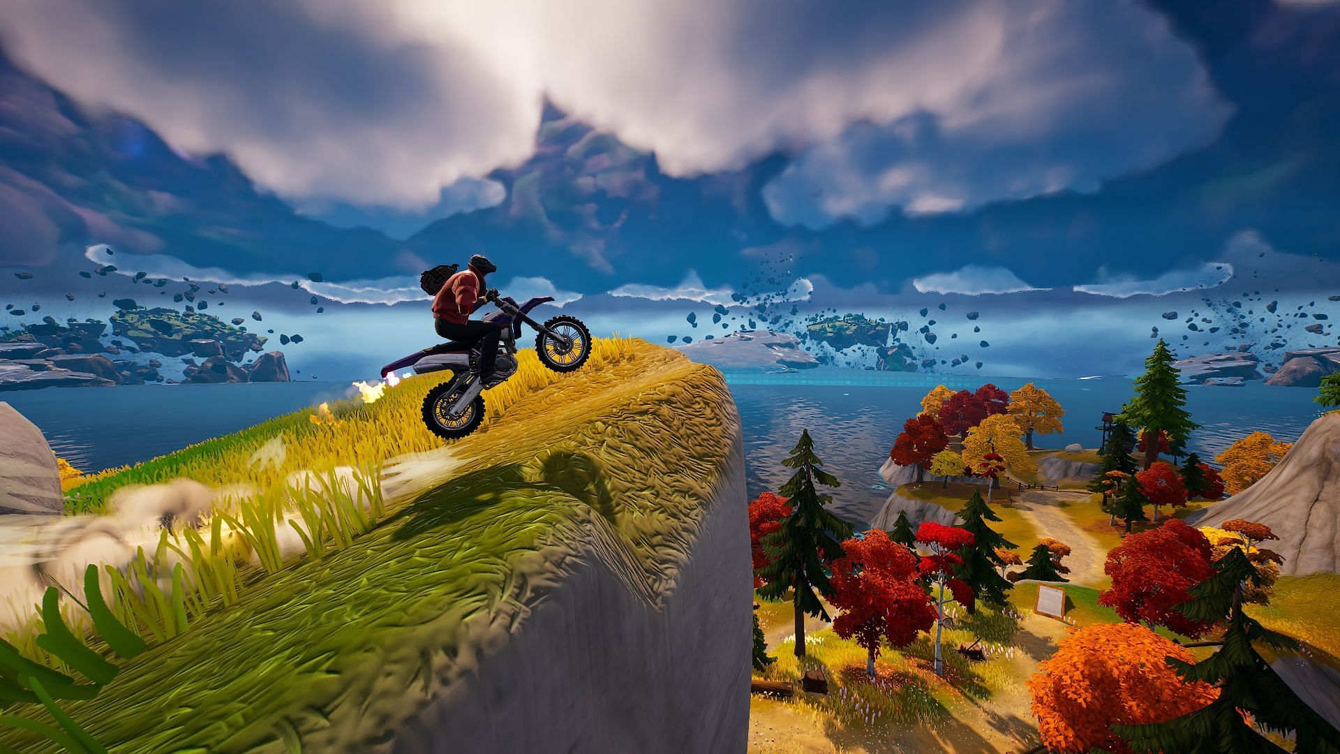Angle the Dirt Bike correctly while going off the cliff to avoid crashing (Image via Epic Games/Fortnite)