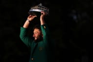Jon Rahm lifts the trophy after winning the 2023 Masters