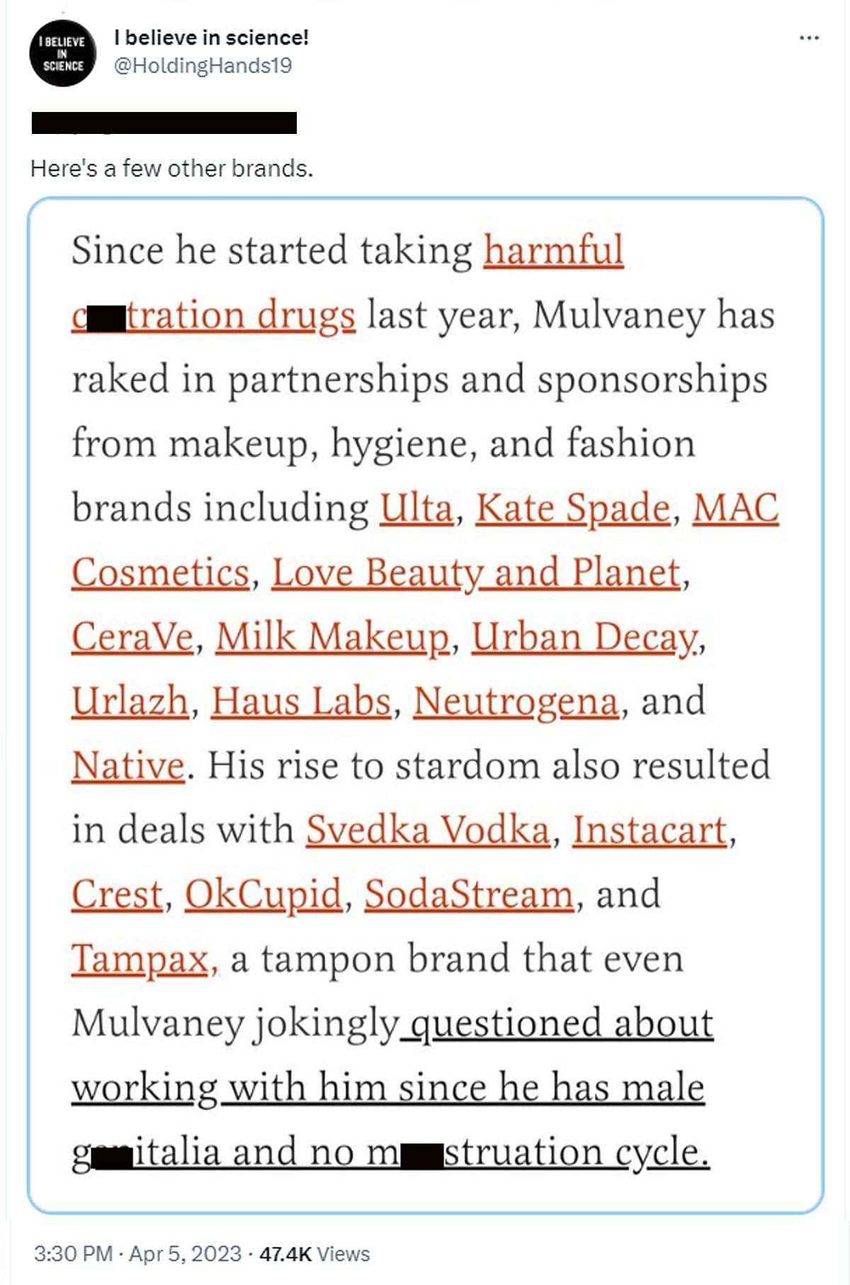 The alleged list of brands that sponsor Dylan (Image via Twitter/@HoldingHands19)