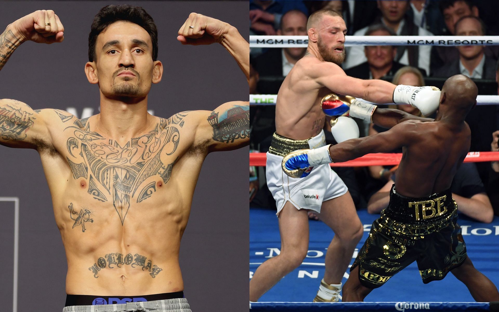 Max Holloway (left) and Conor McGregor vs. Floyd Mayweather (right) [Image credits: Getty Images]