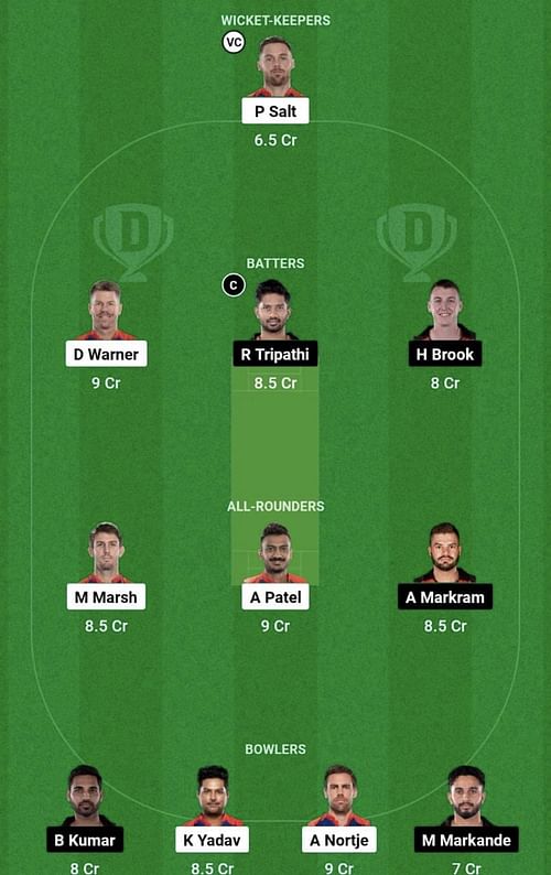 DC vs SRH Dream11 Prediction Team, Head To Head League