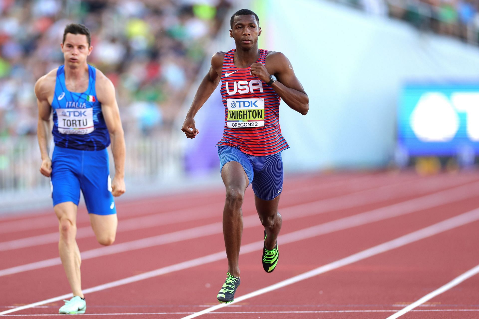 Erriyon Knighton of Team United States competes in the Men&#039;s 200m Semi-Final on day five of the World Athletics Championships Oregon22 at Hayward Field on July 19, 2022 in Eugene, Oregon.