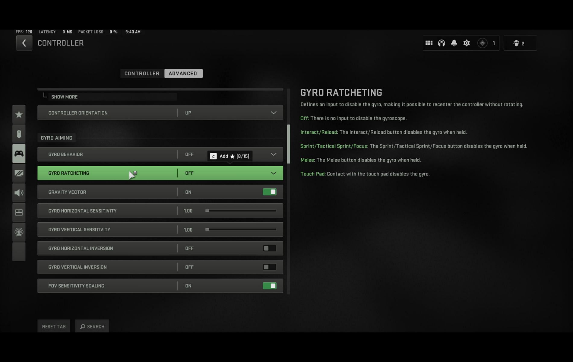 Gyro Ratcheting setting (Image via Activision)