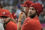 Bryce Harper #3 of the Philadelphia Phillies looks on during the eighth inning against the Texas Rangers at Globe Life Field on April 02, 2023 in Arlington, Texas.