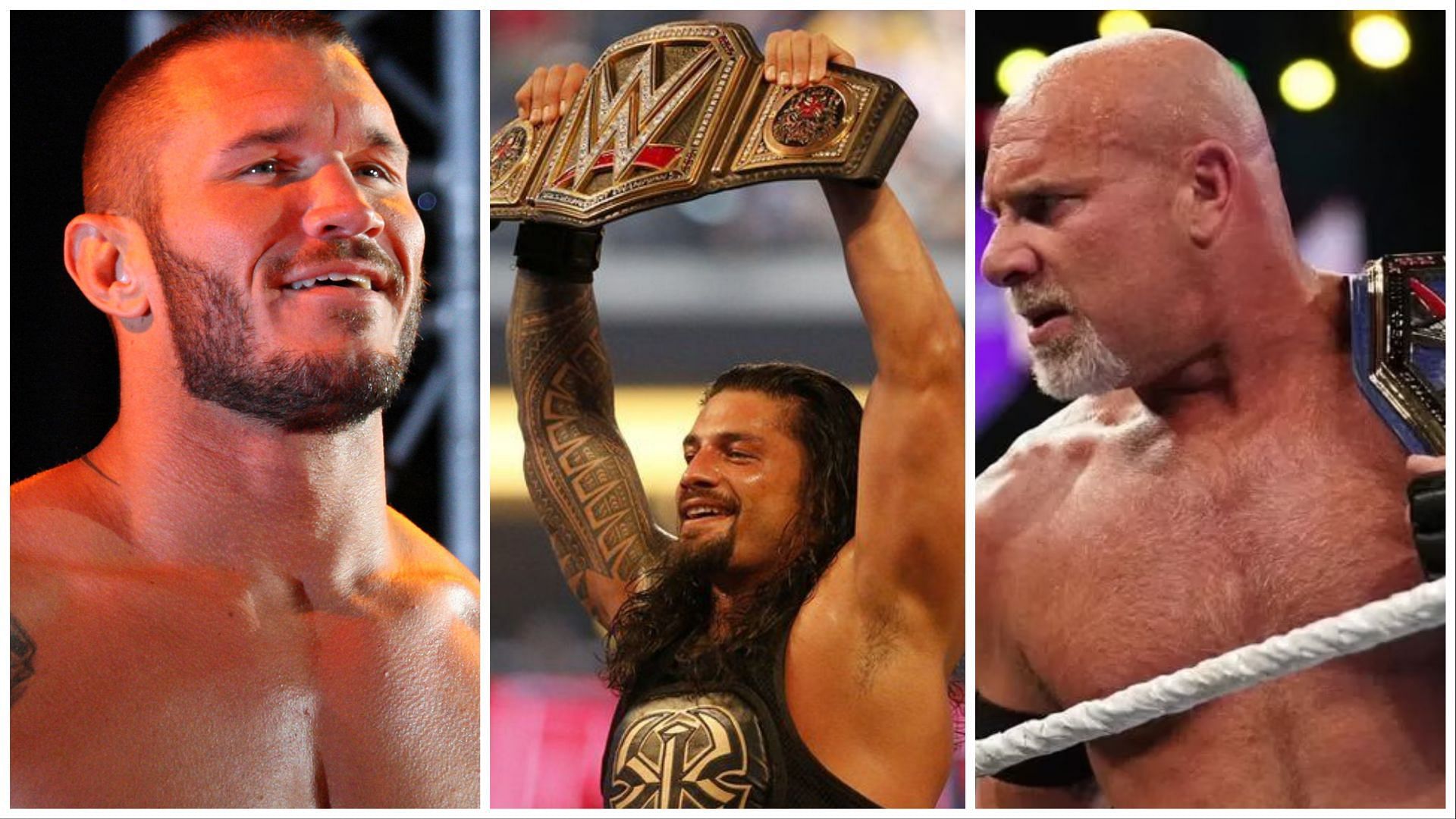 Randy Orton (L), Roman Reigns as WWE Champion (C), Goldberg as Universal Champion (R)