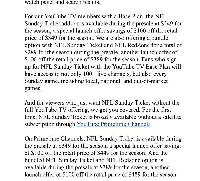 youtube tv nfl sunday ticket price