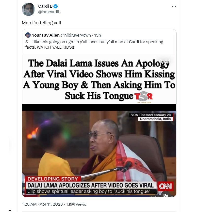 Tweet by Cardi reacting to the Dalai Lama controversy