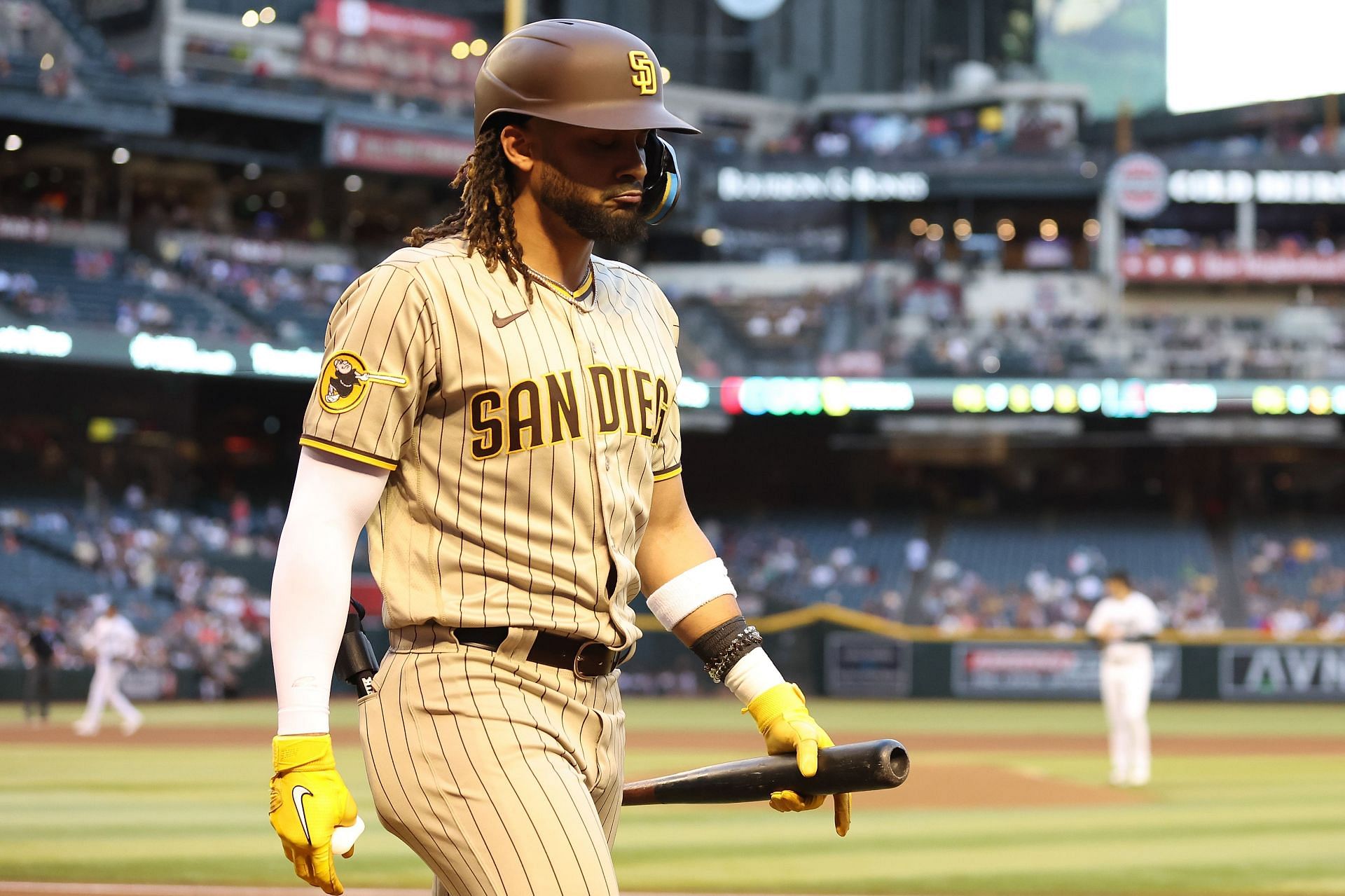 Fernando Tatis Jr. #23 of the San Diego Padres strikes out against the Arizona Diamondbacks