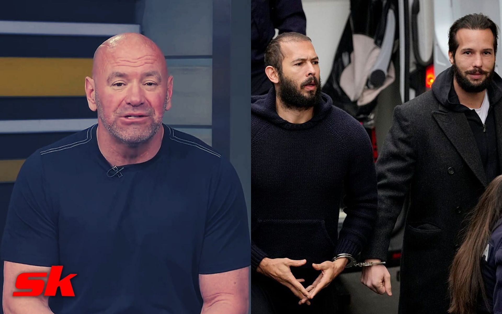 Dana White (left - via @ufc), Andrew and Tristan Tate (right - via marca.com)