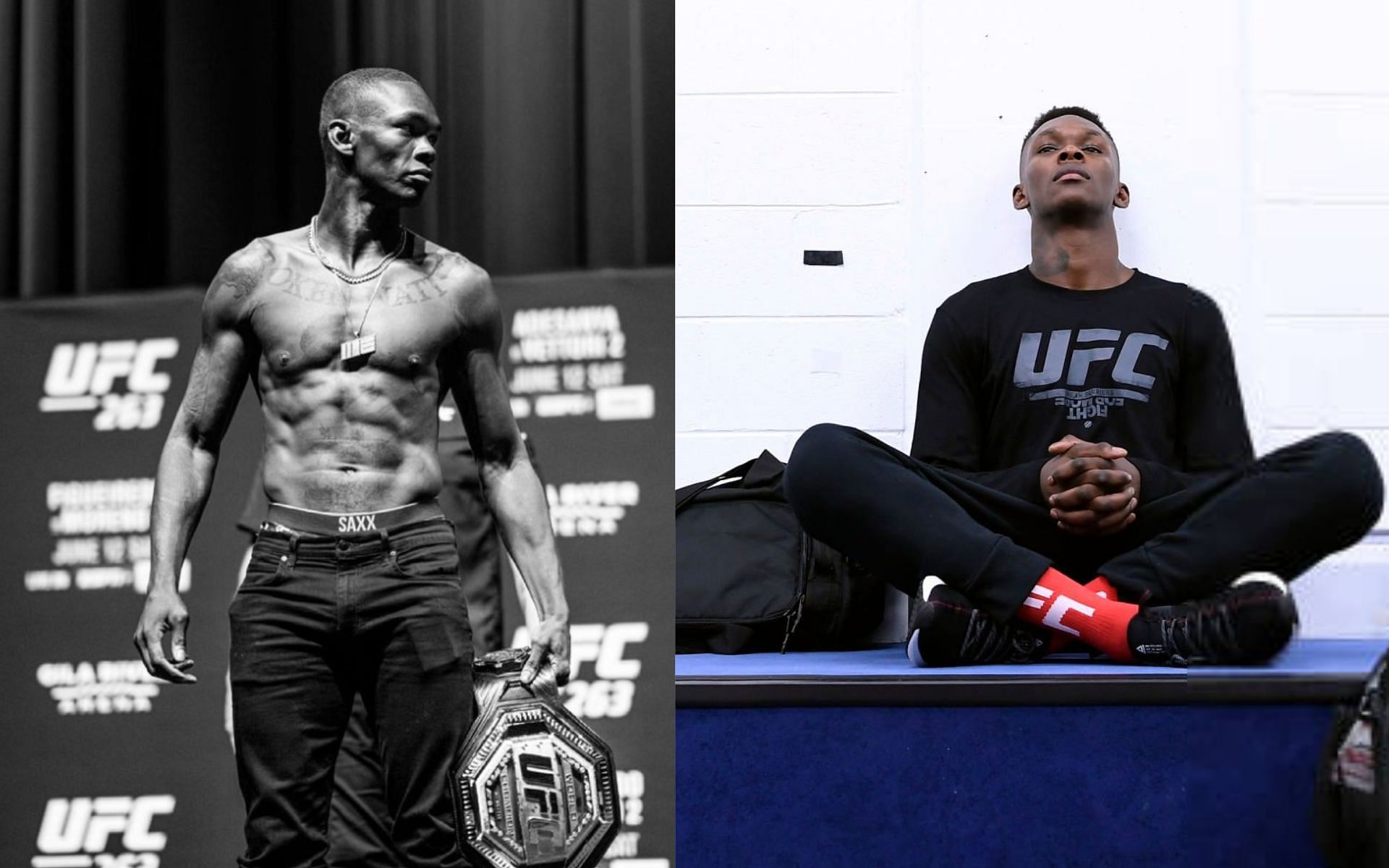 Israel Adesanya at UFC ceremonial weigh-in (left) [Image courtesy: @stylebender on Instagram]  and Adesanya before a fight (right) 
