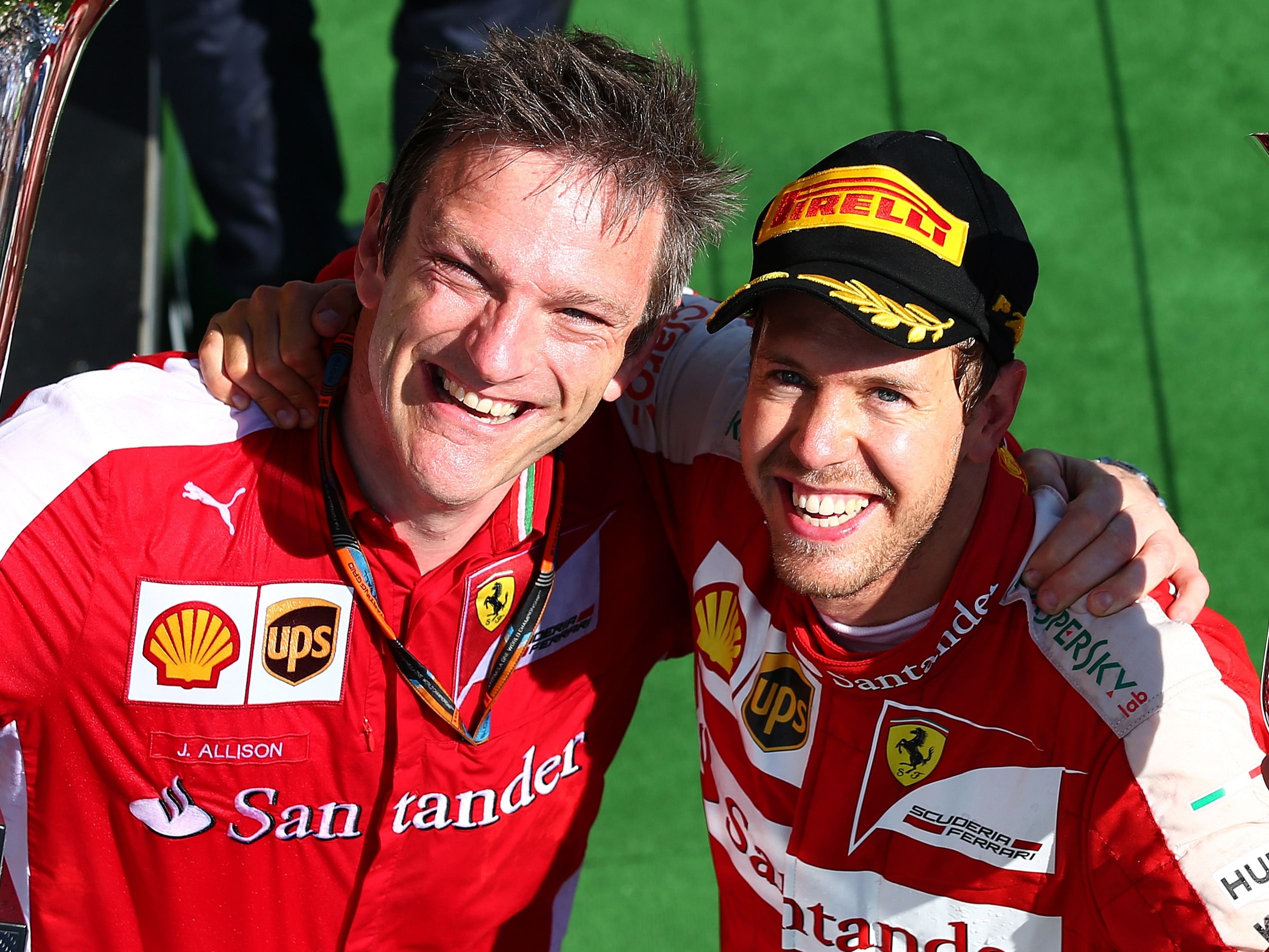 Sebastian Vettel celebrates with James Allison after winning the 2015 F1 Hungarian Grand Prix. (Photo by Mark Thompson/Getty Images)
