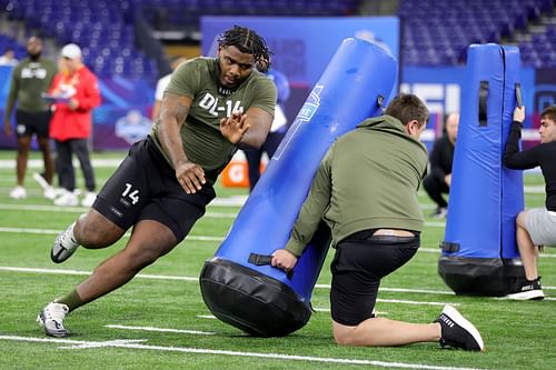  Jaquelin Roy of Louisiana State participates in a drill during the NFL Combine