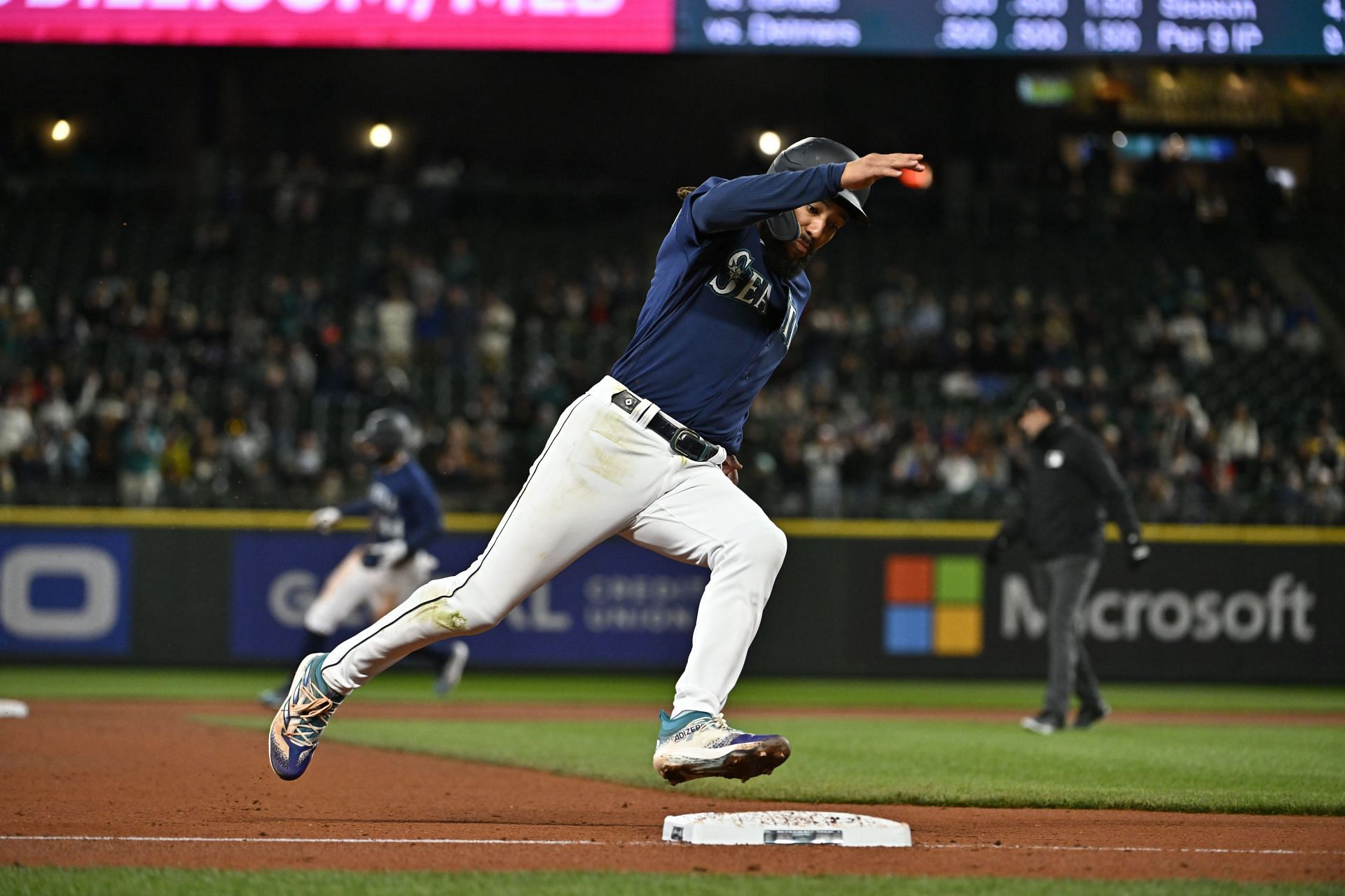 J.P. Crawford of the Seattle Mariners rounds third base.