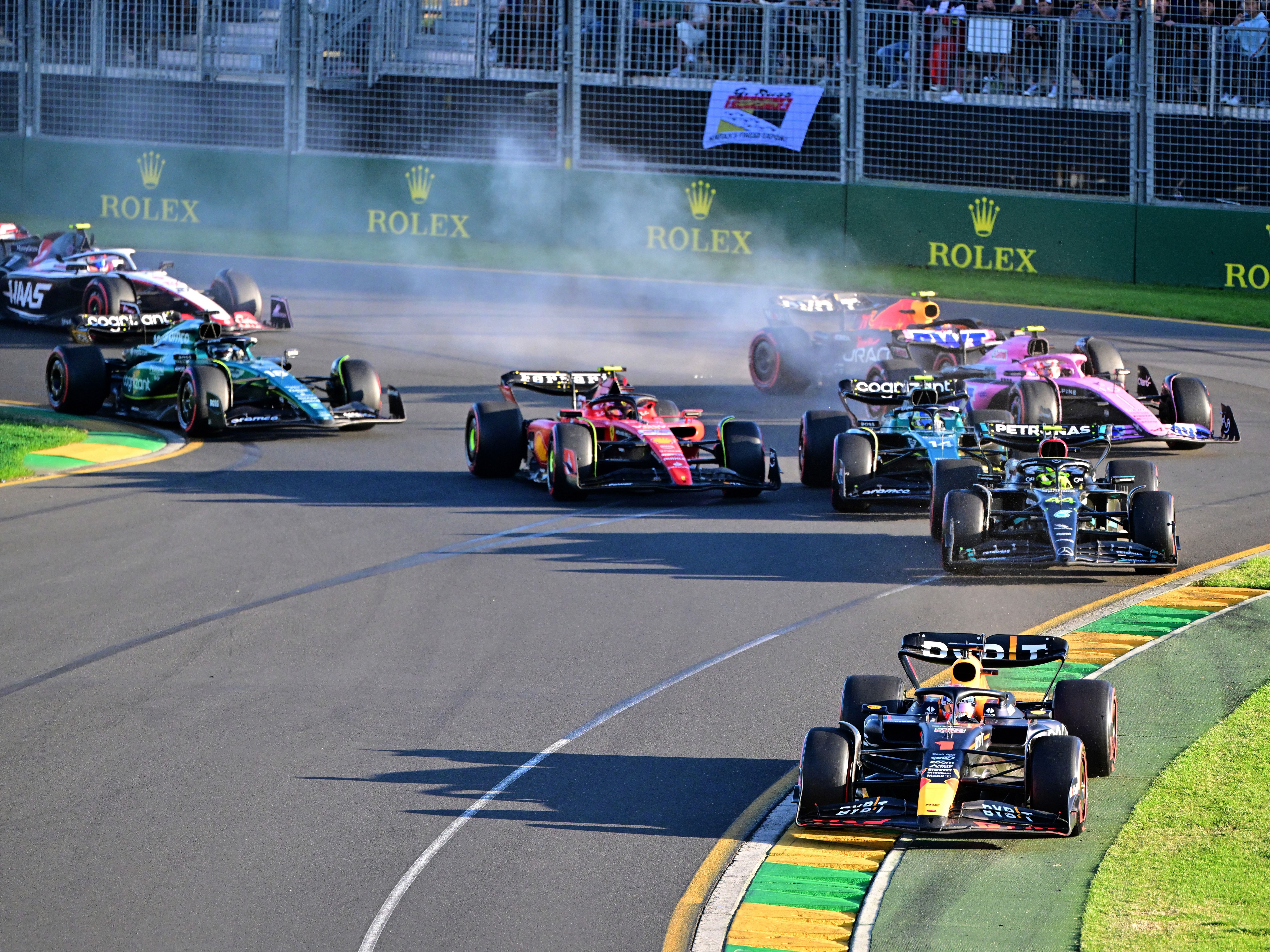 Max Verstappen (1) leads Lewis Hamilton (44) and the rest of the field at the second restart during the 2023 F1 Australian Grand Prix. (Photo by Peter van Egmond/Getty Images)