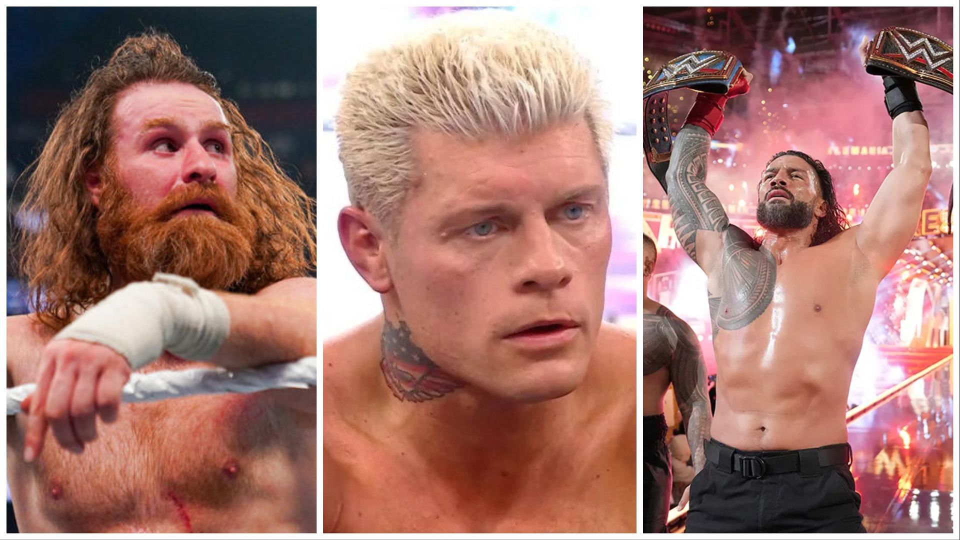 Sami Zayn (L), Cody Rhodes (C), Undisputed WWE Universal Champion Roman Reigns