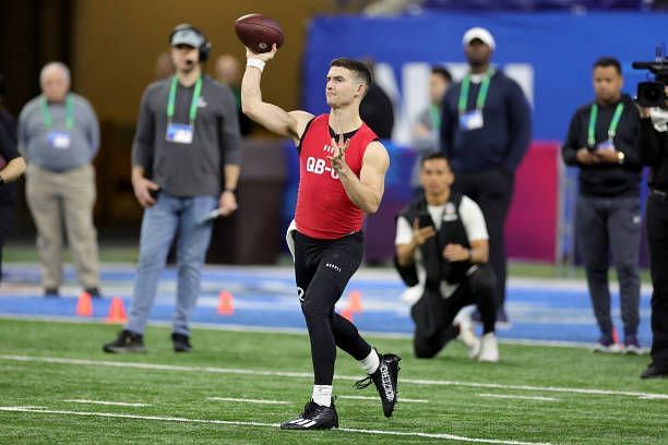 Quarterback Stetson Bennett of Georgia participates in a drill during the NFL Combine at Lucas Oil Stadium on March 04, 2023 in Indianapolis, Indiana.