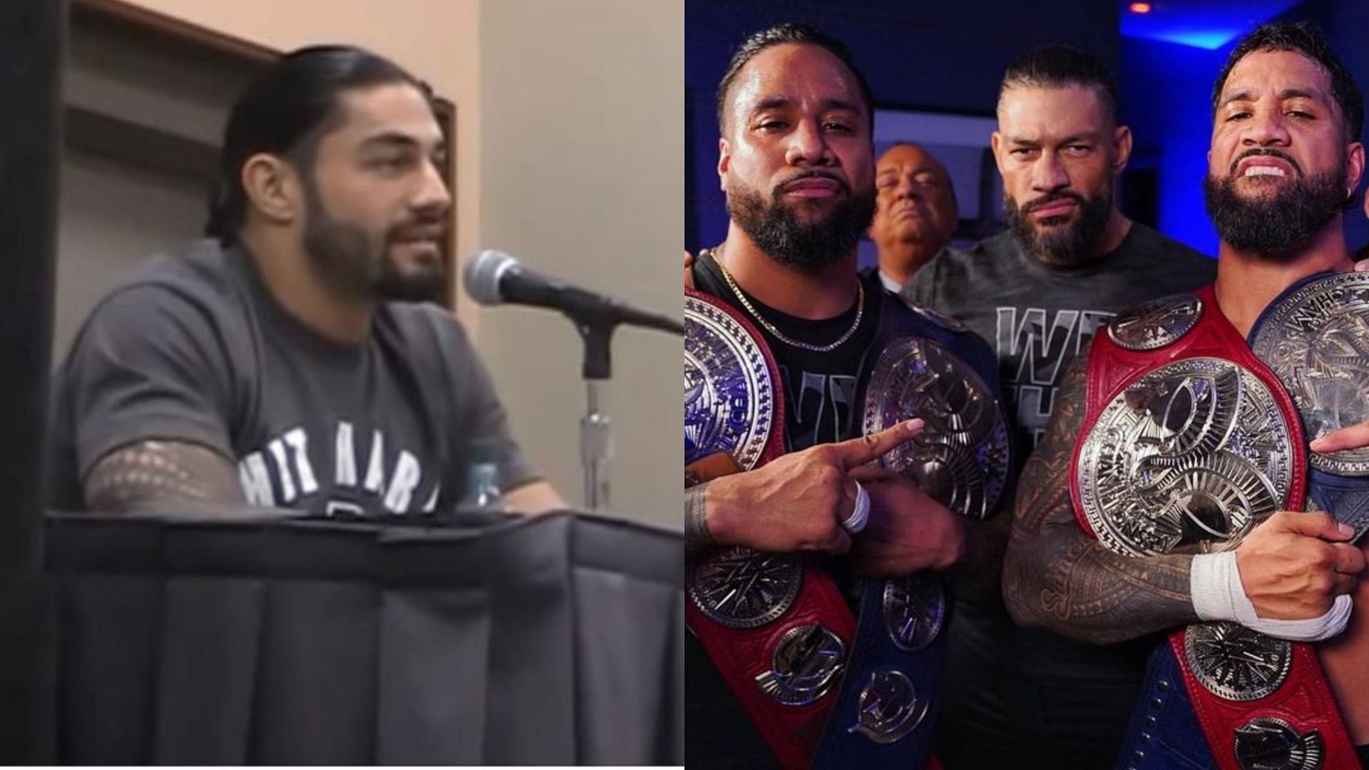 Undisputed WWE Universal Champion Roman Reigns (lef) and The Bloodline (right)
