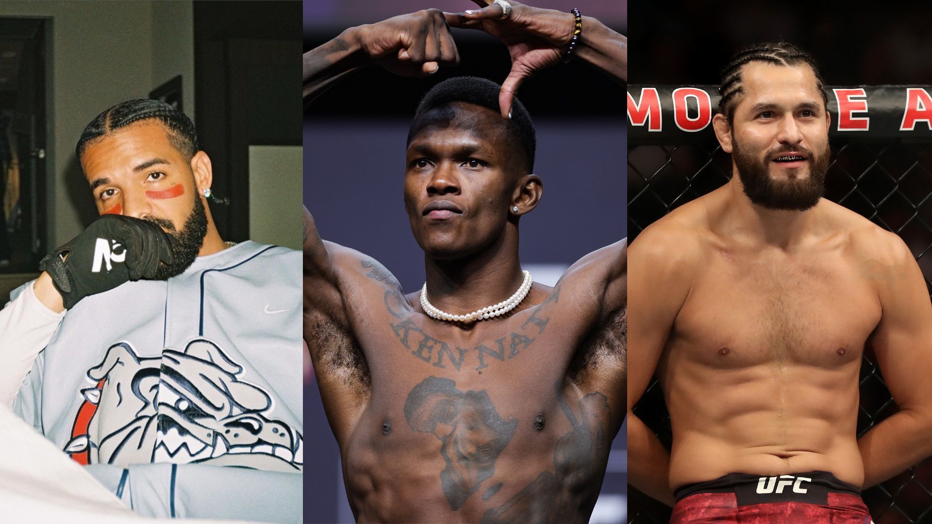 Drake (left), Israel Adesanya (centre), Jorge Masvidal (right) [Image courtesy of @champagnepapi on Instagram]