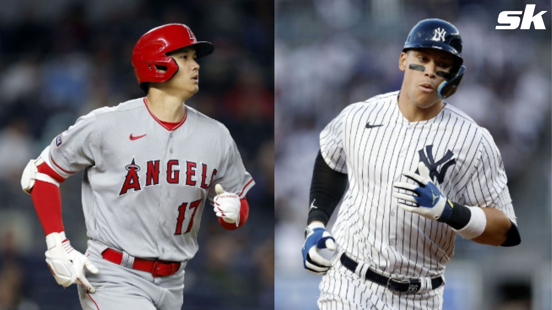 Aaron Judge #99 of the New York Yankees rounds the bases after hitting a two-run home run during the first inning against the Los Angeles Angels &amp; Shohei Ohtani #17 of the Los Angeles Angels runs to first during the third inning against the New York Yankees at Yankee Stadium