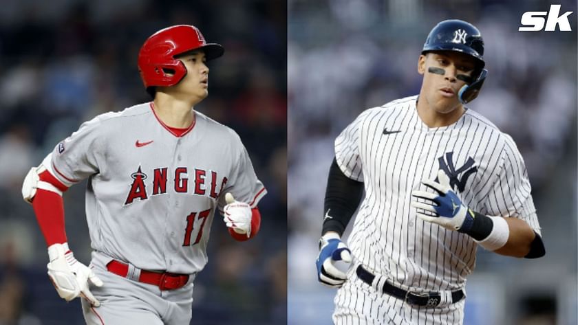 Aaron Judge of the New York Yankees rounds the bases after hitting a  two-run homer during the first inning of a baseball game against the Los  Angeles Angels at Yankee Stadium in