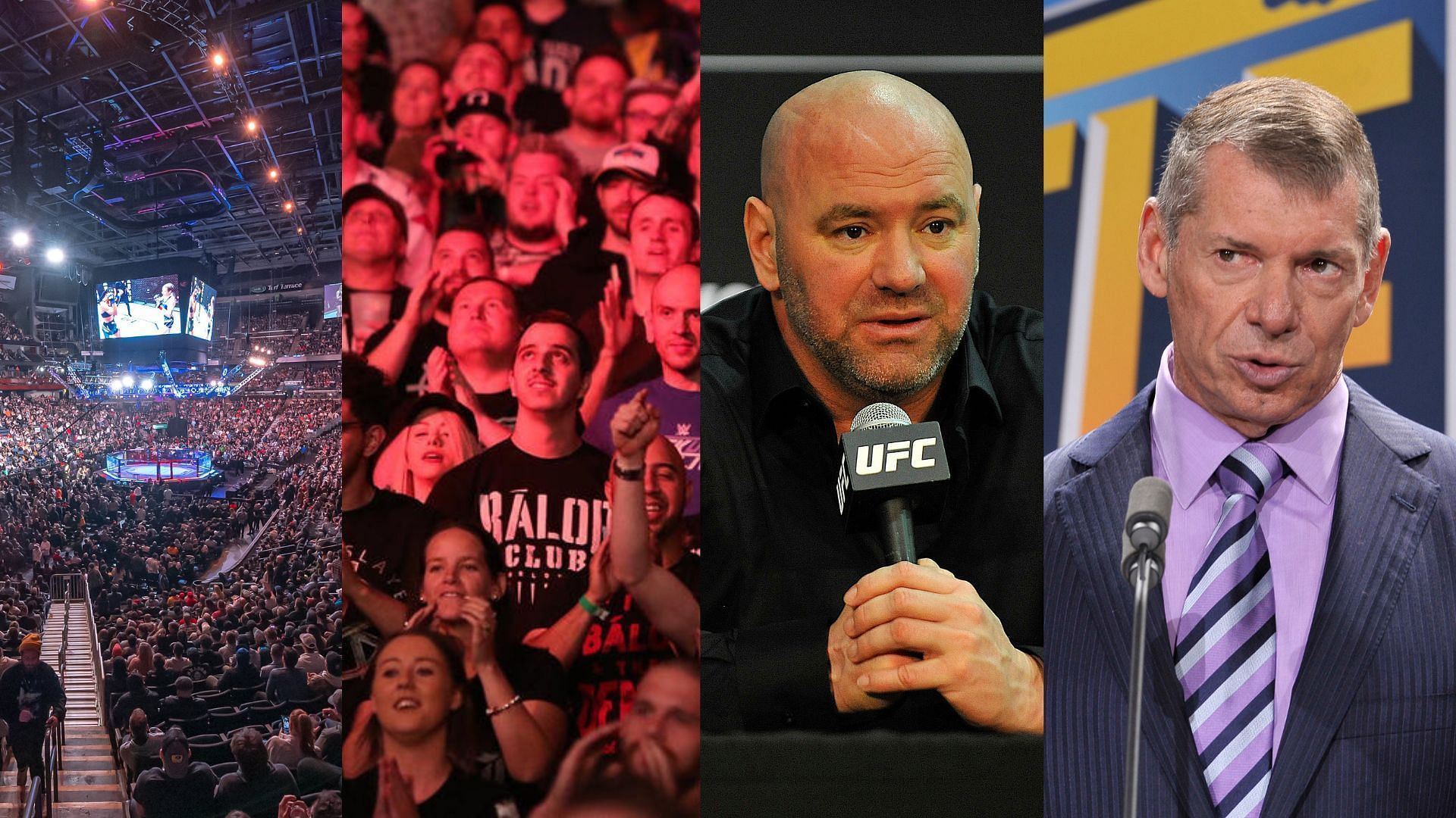 WWE &amp; UFC fans (left), Dana White (centre), Vince McMahon (right) [Images courtesy of @wwe &amp; @ufc on Instagram]