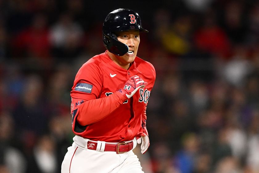 Masataka Yoshida Boston Red Sox Unsigned Jersey Swinging Photograph