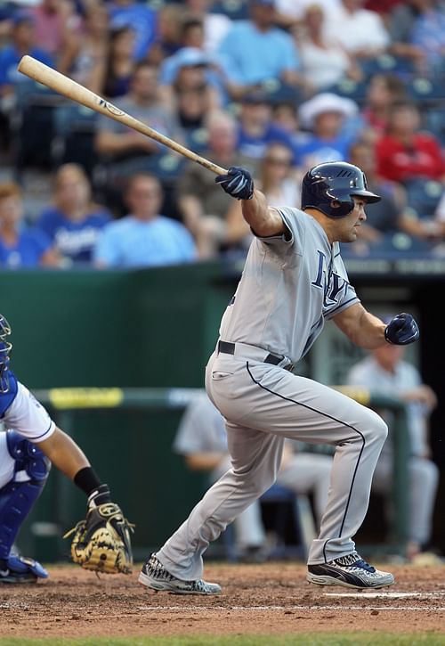 Johnny Damon of the Tampa Bay Rays bats against the Kansas City Royals on July 23, 2011, in Kansas City, Missouri.