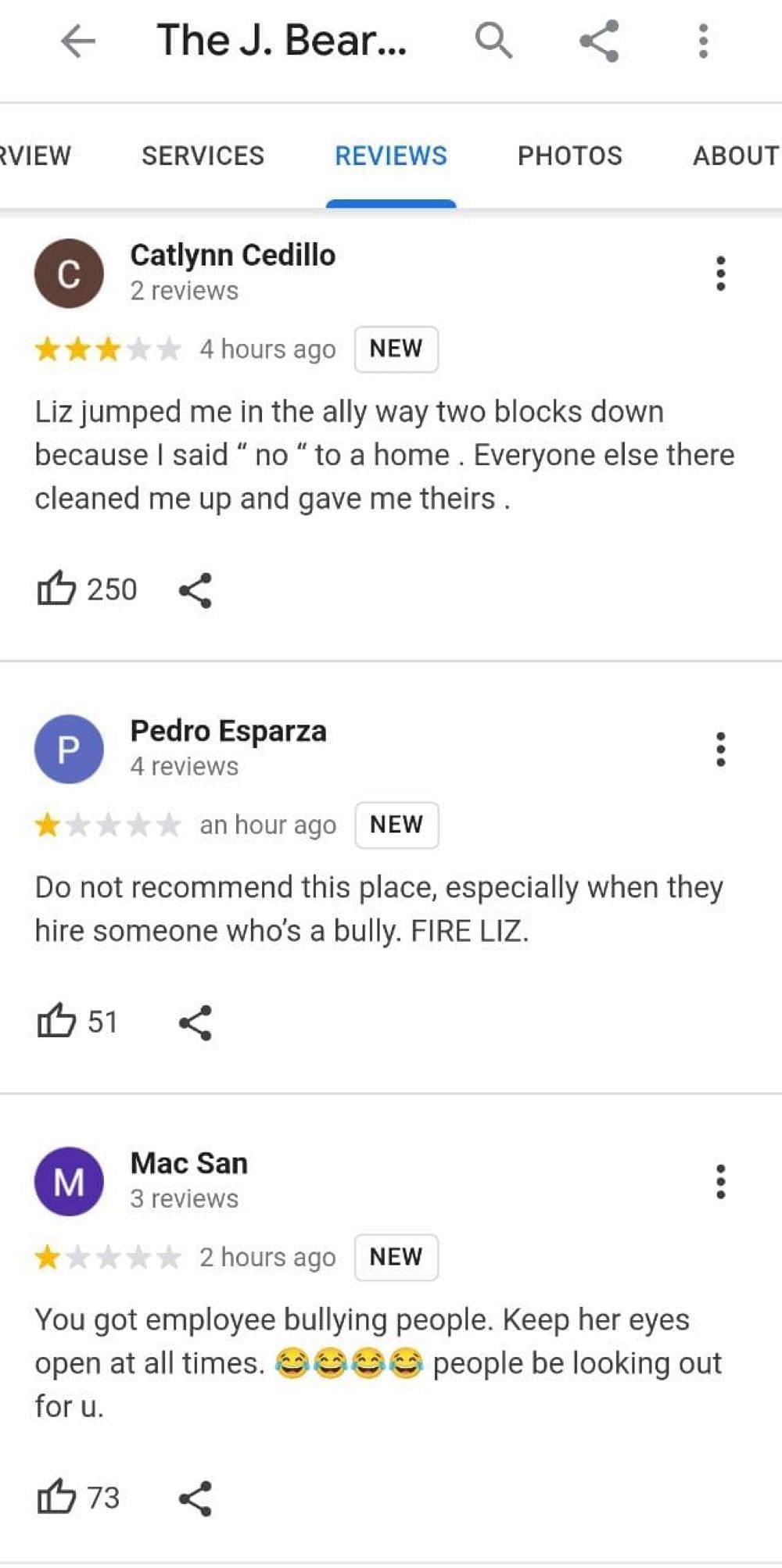 Negative reviews The J. Beard Real Estate Company has received (Image via Google)