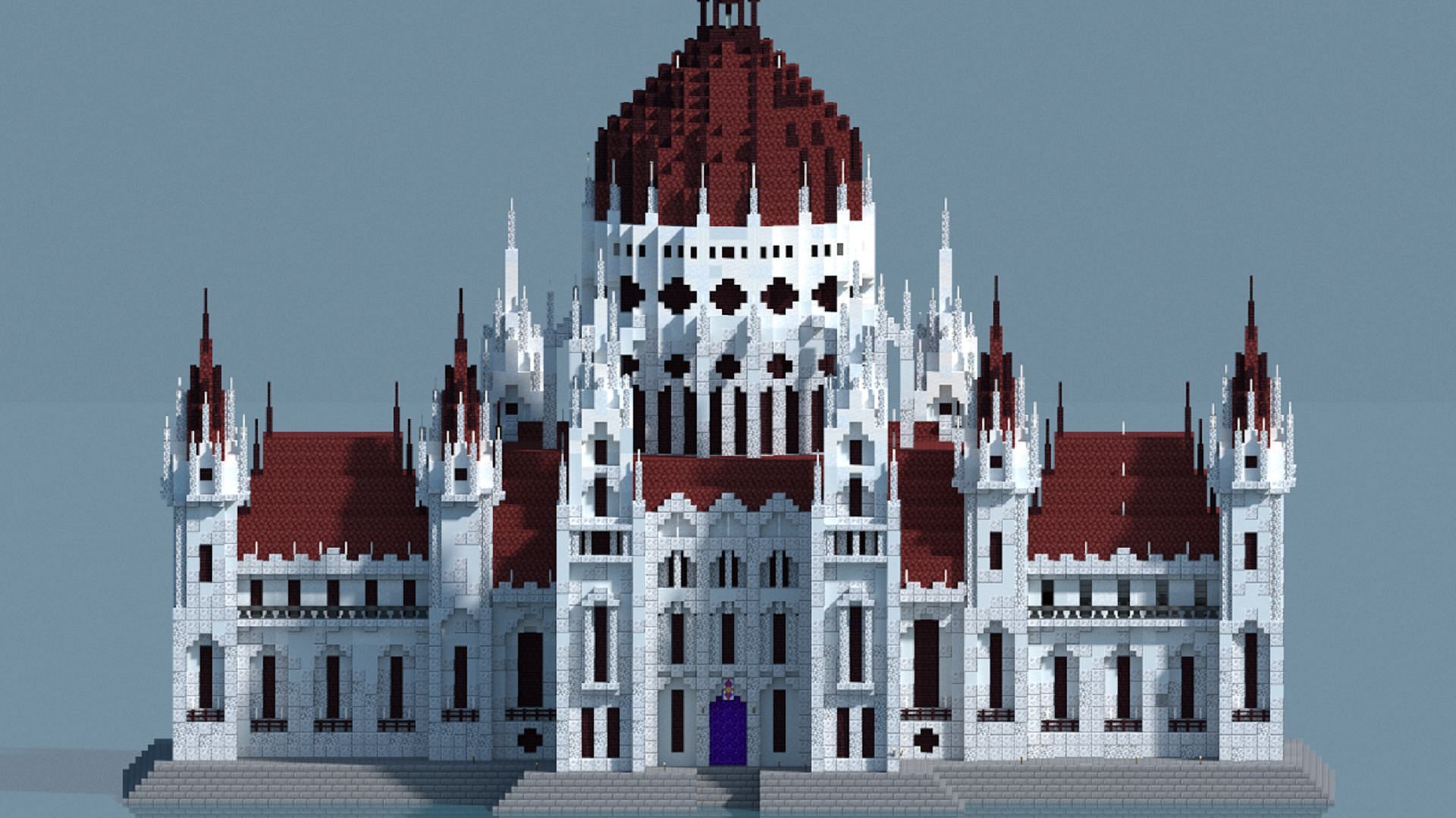 One of the key government buildings in Budapest recreated in Minecraft, leading players into the Nether (Image via u/dawwer/Reddit)
