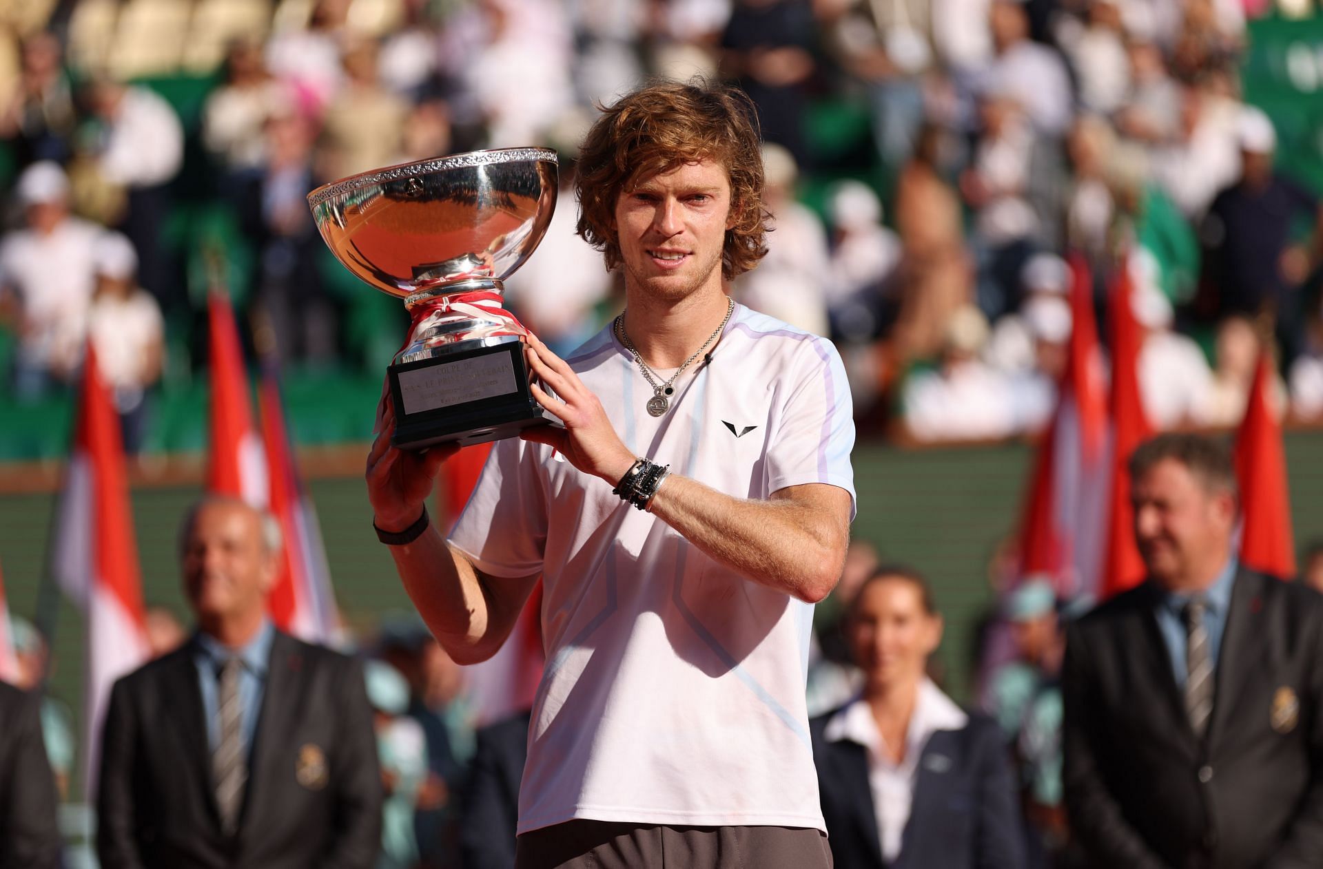 Andrey Rublev pictured with his 2023 Rolex Monte-Carlo Masters trophy.