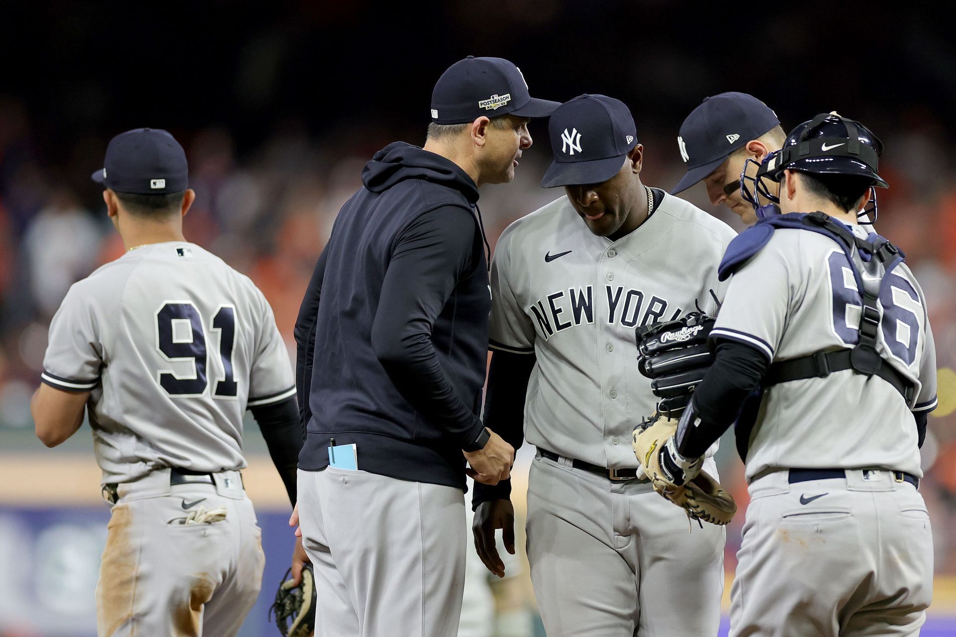 Manager Aaron Boone of the New York Yankees removes Luis Severino against the Houston Astros at Minute Maid Park