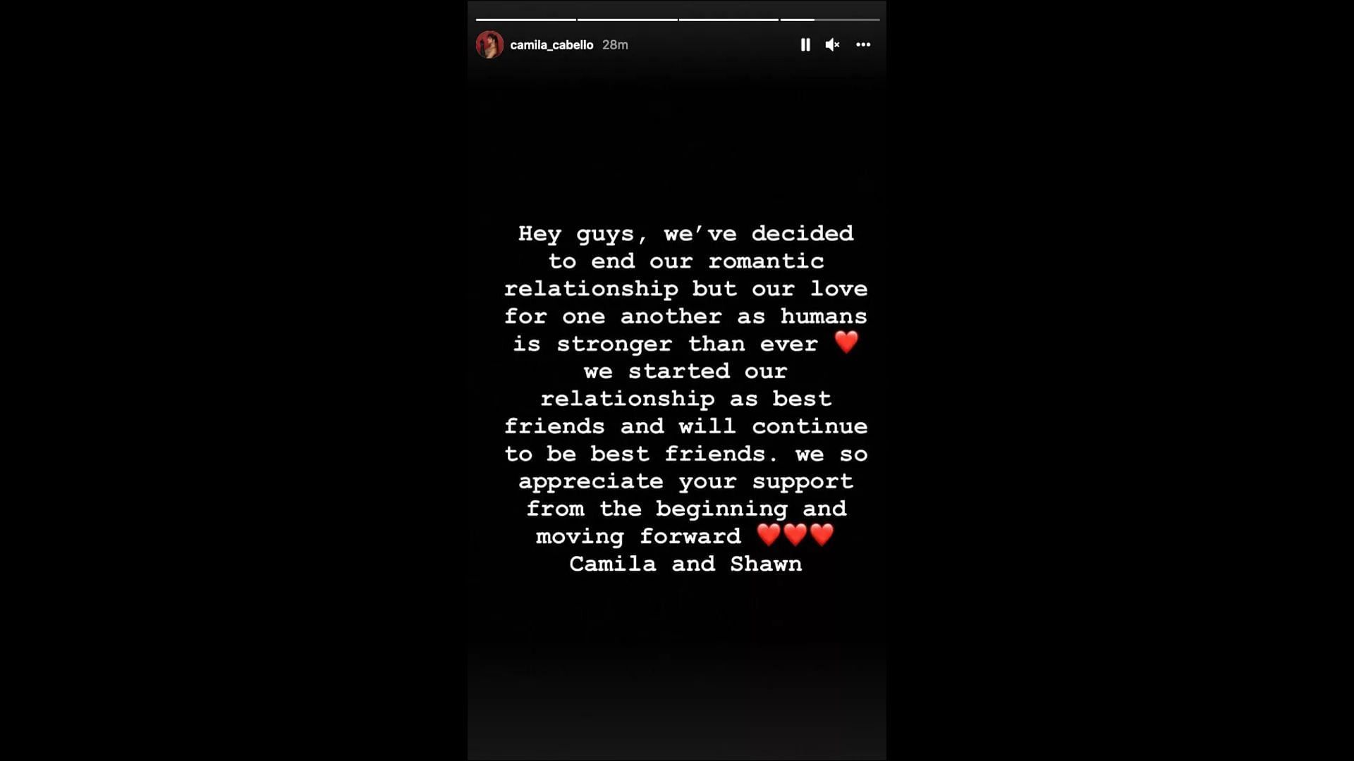 Screenshot of Camila Cabello&#039;s breakup announcement.