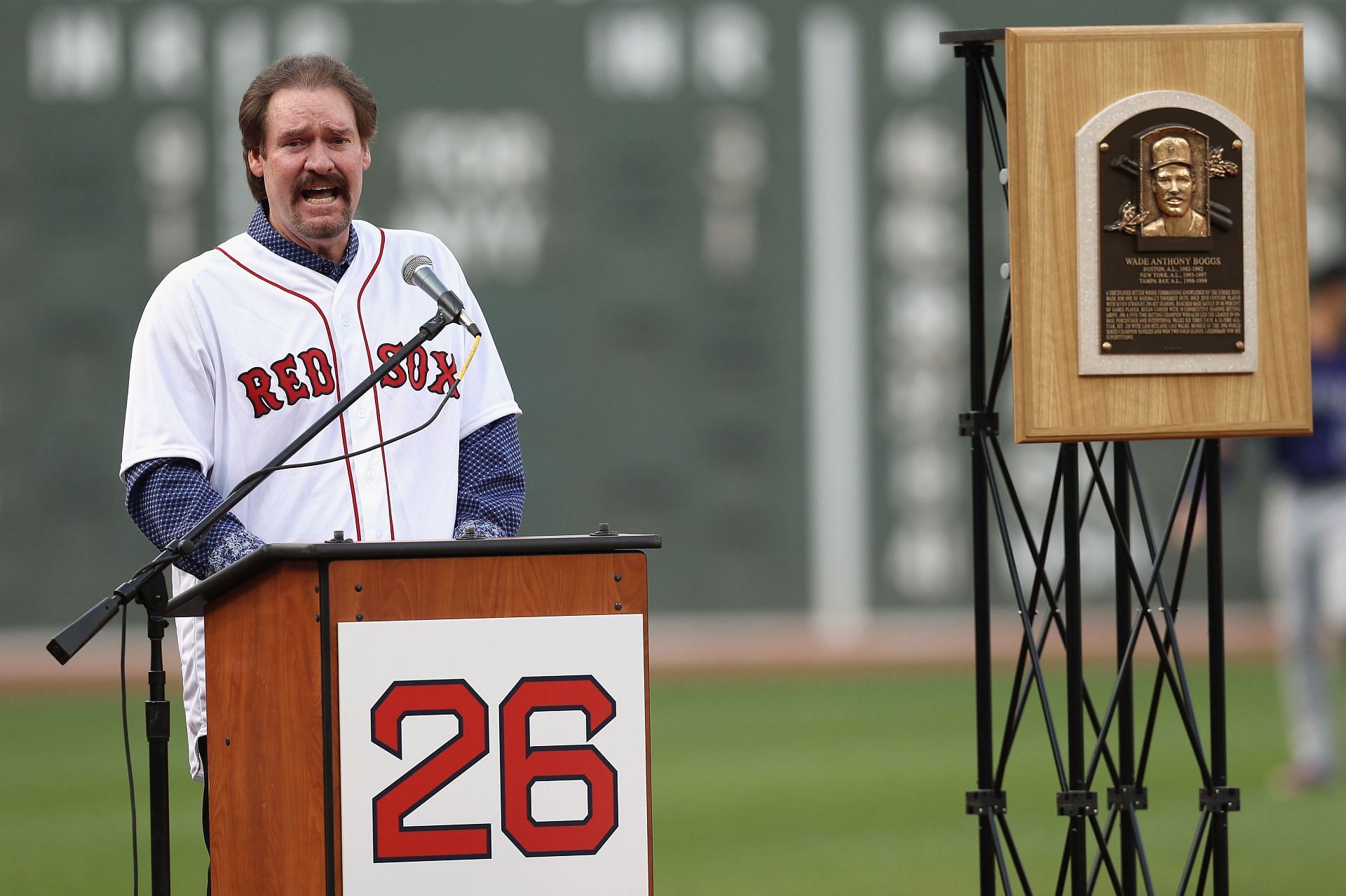 Colorado Rockies v Boston Red Sox BOSTON, MA - MAY 26: Wade Boggs speaks during his uniform number retirement ceremony prior to the game between the Boston Red Sox and the Colorado Rockies at Fenway Park on May 26, 2016 in Boston, Massachusetts. (Photo by Maddie Meyer/Getty Images)