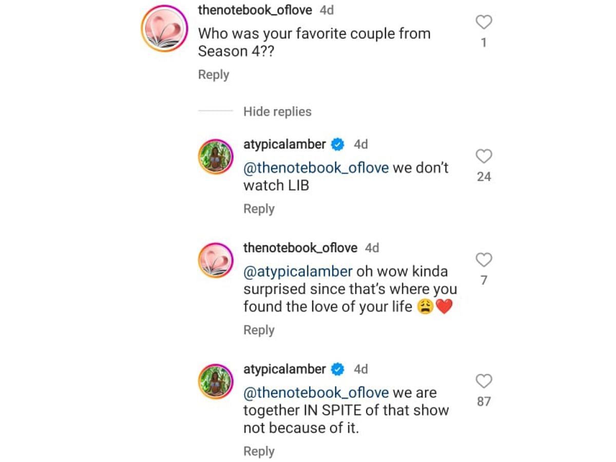 Amber Pike&#039;s reply to a fan (Image via Instagram)