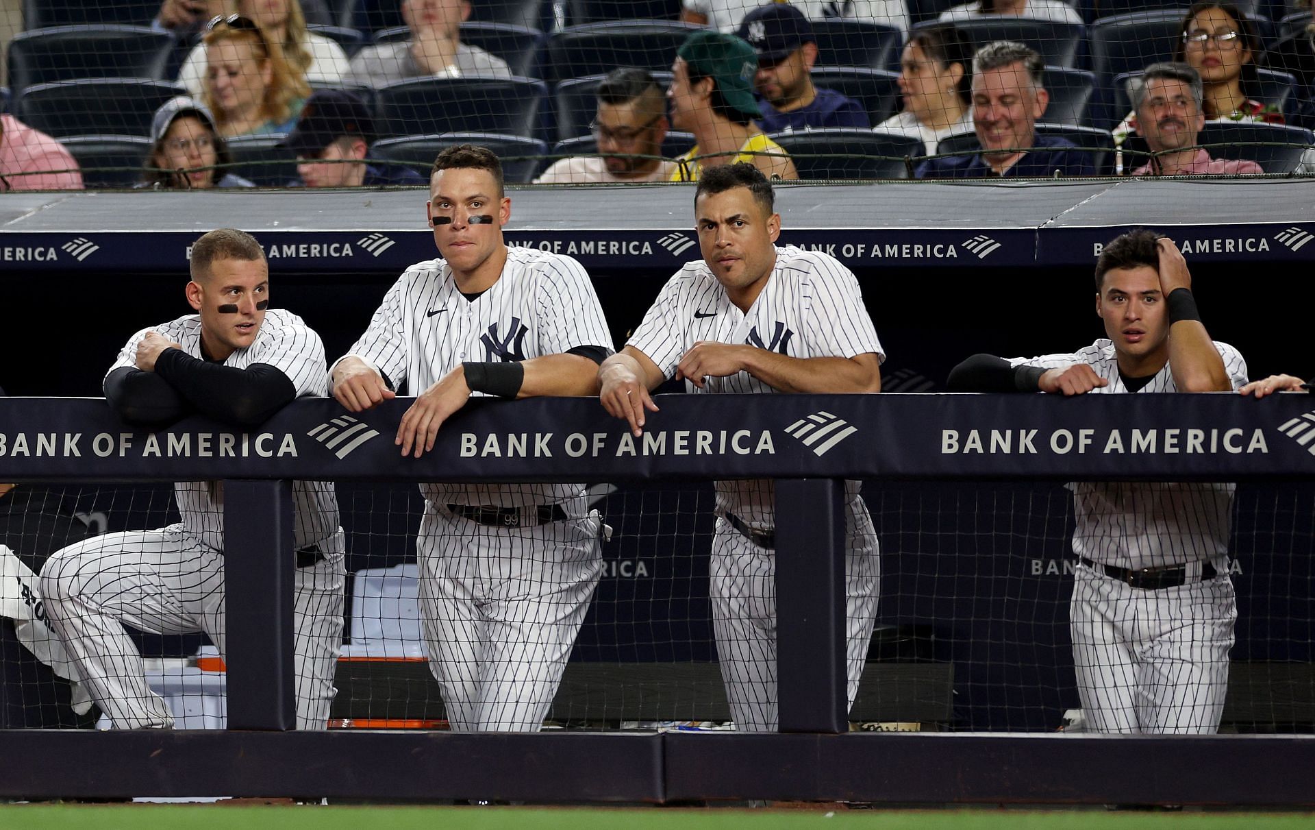 Minnesota Twins v New York Yankees: BRONX, NEW YORK - APRIL 13: Anthony Rizzo, Aaron Judge, Giancarlo Stanton #27, and Anthony of the New York Yankees react in the sixth inning against the Minnesota Twins at Yankee Stadium on April 13, 2023, in Bronx borough of New York City. (Photo by Elsa/Getty Images)