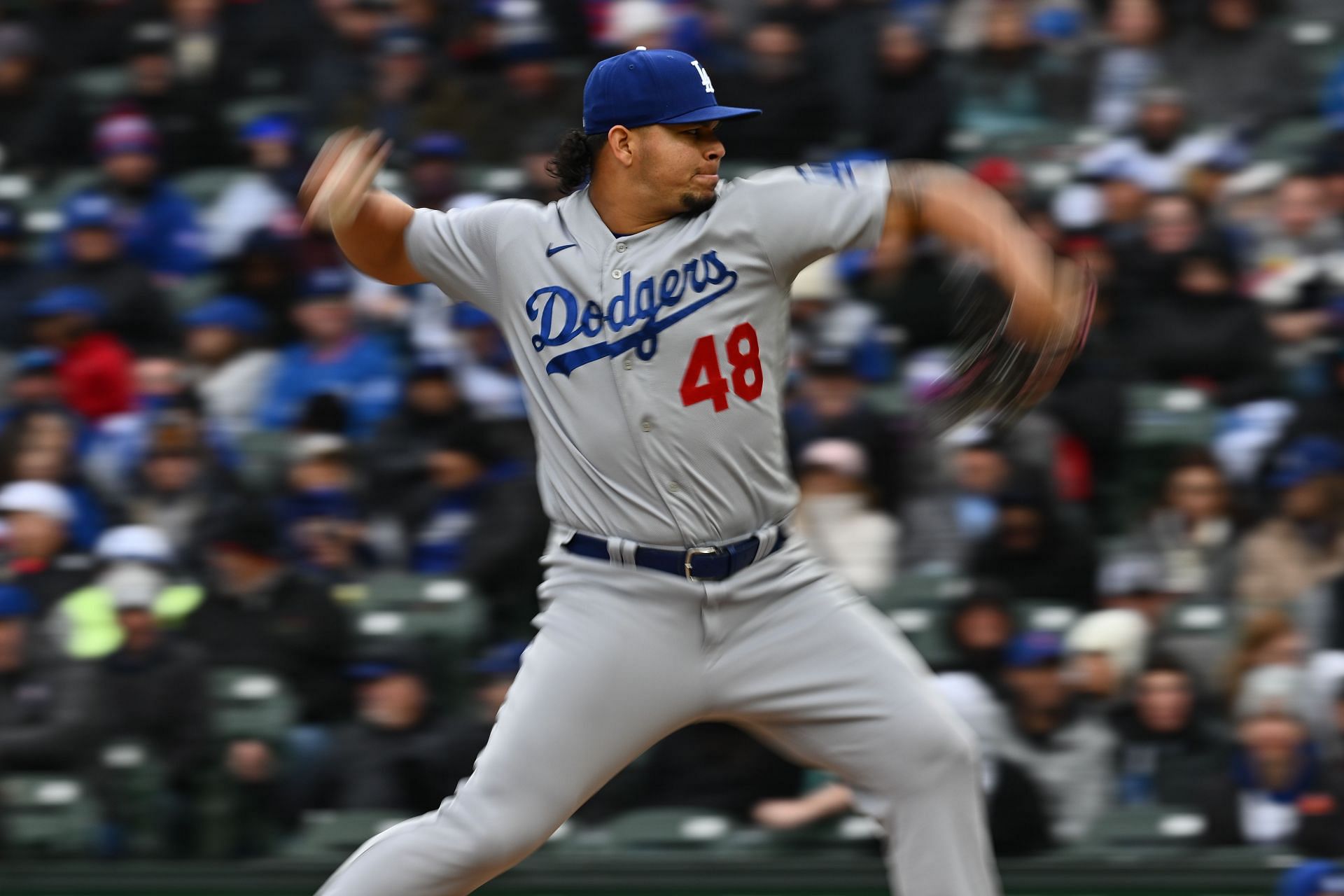 Brusdar Graterol of the Los Angeles Dodgers pitches in the ninth inning against the Chicago Cubs.