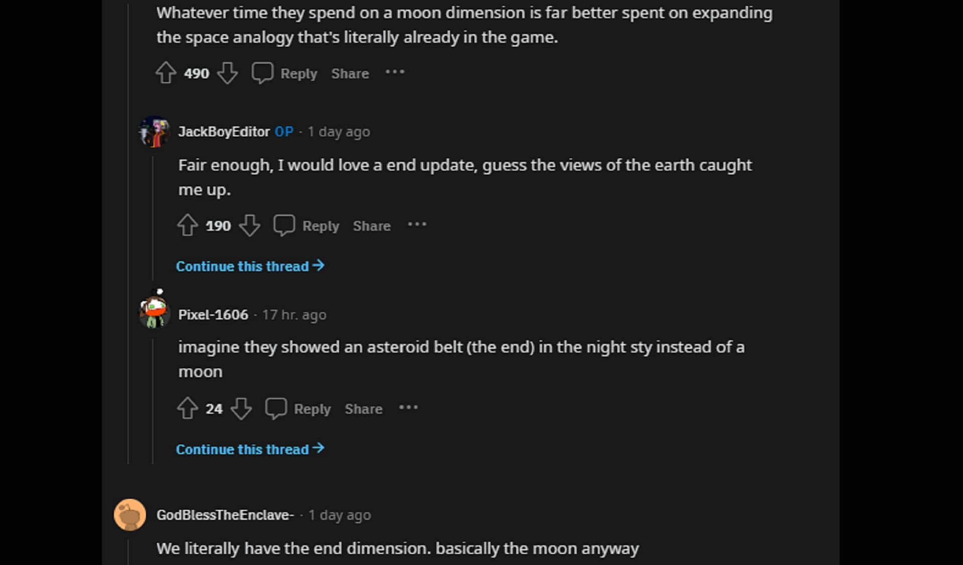Minecraft fans discuss improving the End instead of creating a moon dimension (Image via u/JackBoyEditor/Reddit)