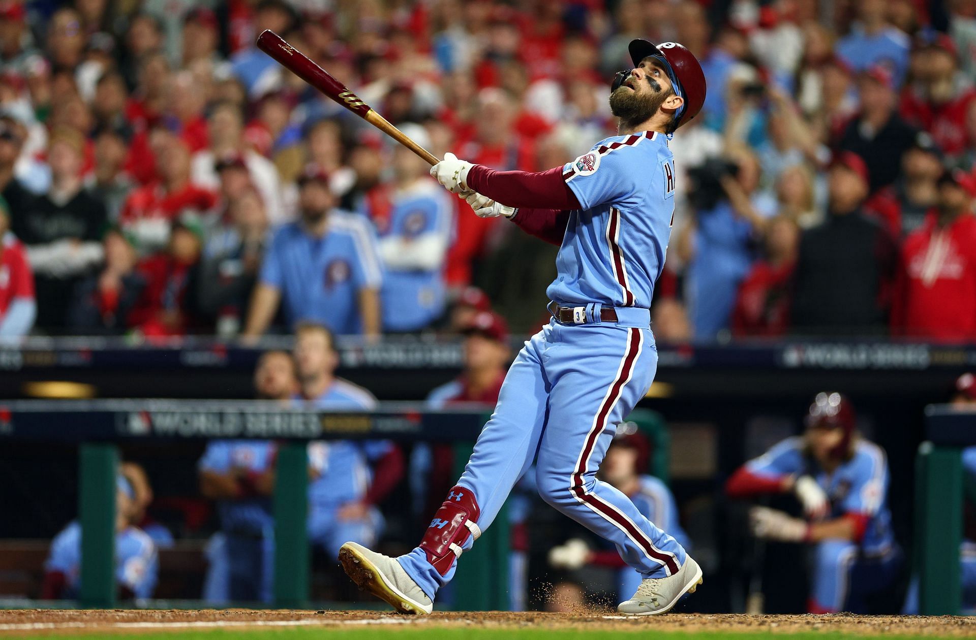 Bryce Harper of the Philadelphia Phillies at bat against the Houston Astros during the seventh inning in Game 4 of the 2022 World Series.