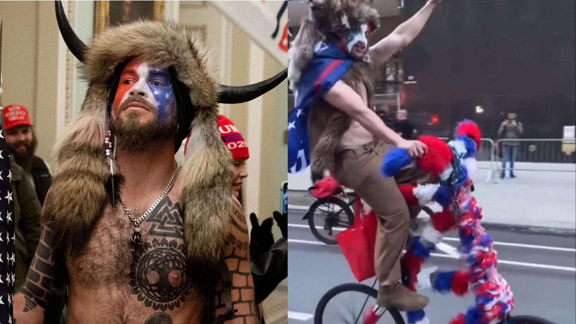 Man dressed like QAnon Shaman falls off bicycle on the road while celebrating the real Shaman