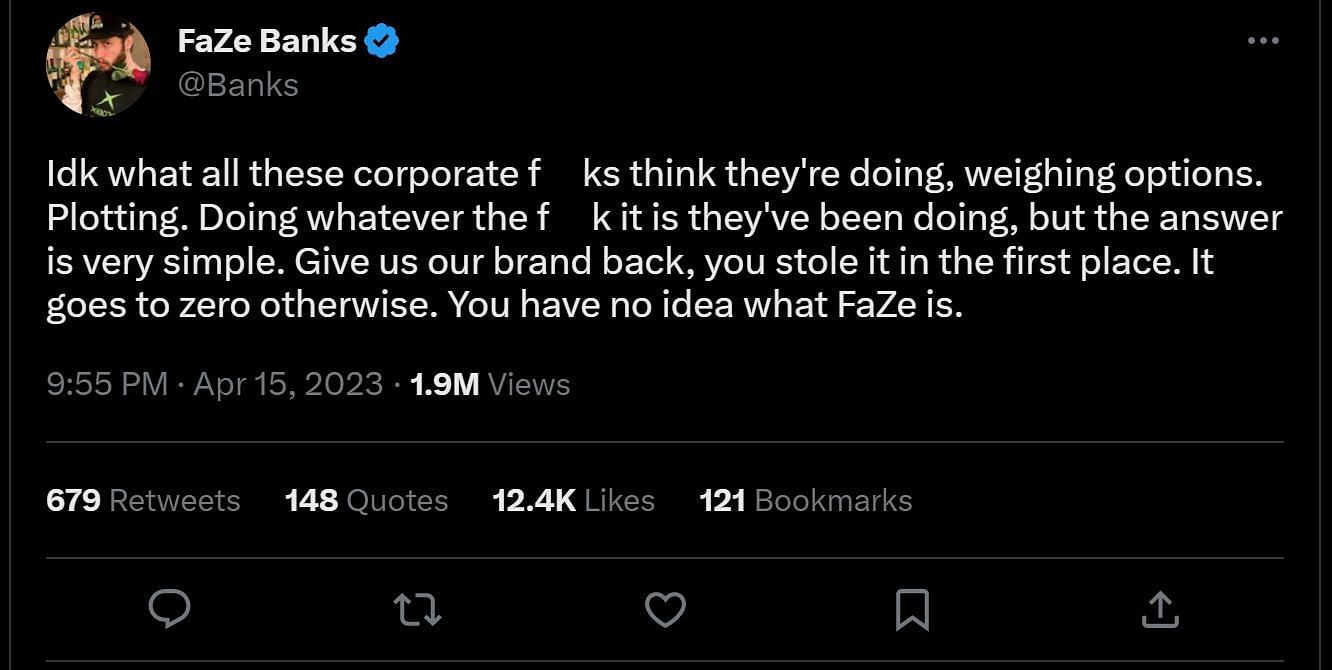 FaZe Banks&#039; viral tweet in which he called out the corporate side of the organization (Image via Twitter)