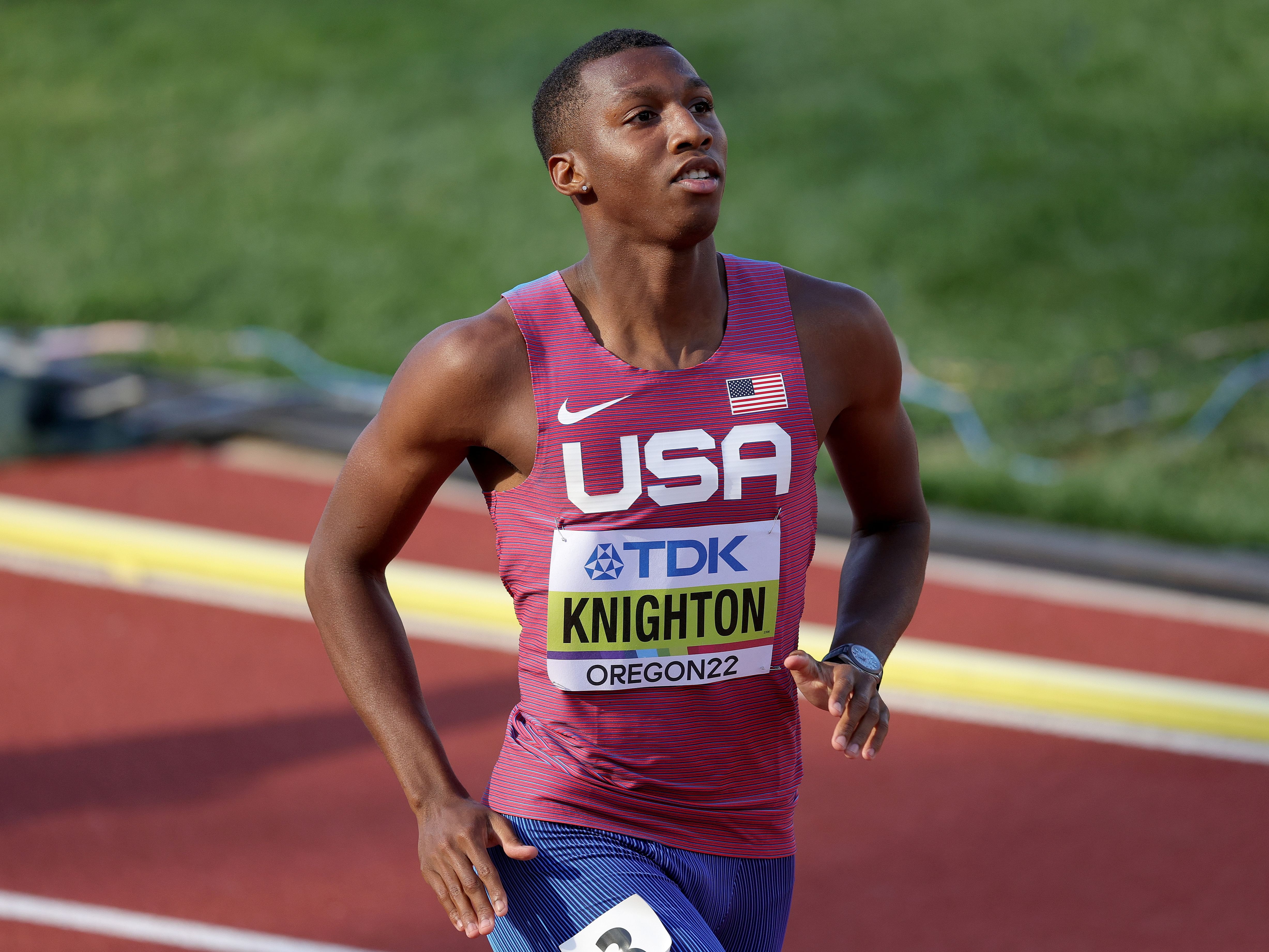 Erriyon Knighton of Team United States reacts after competing in the Men