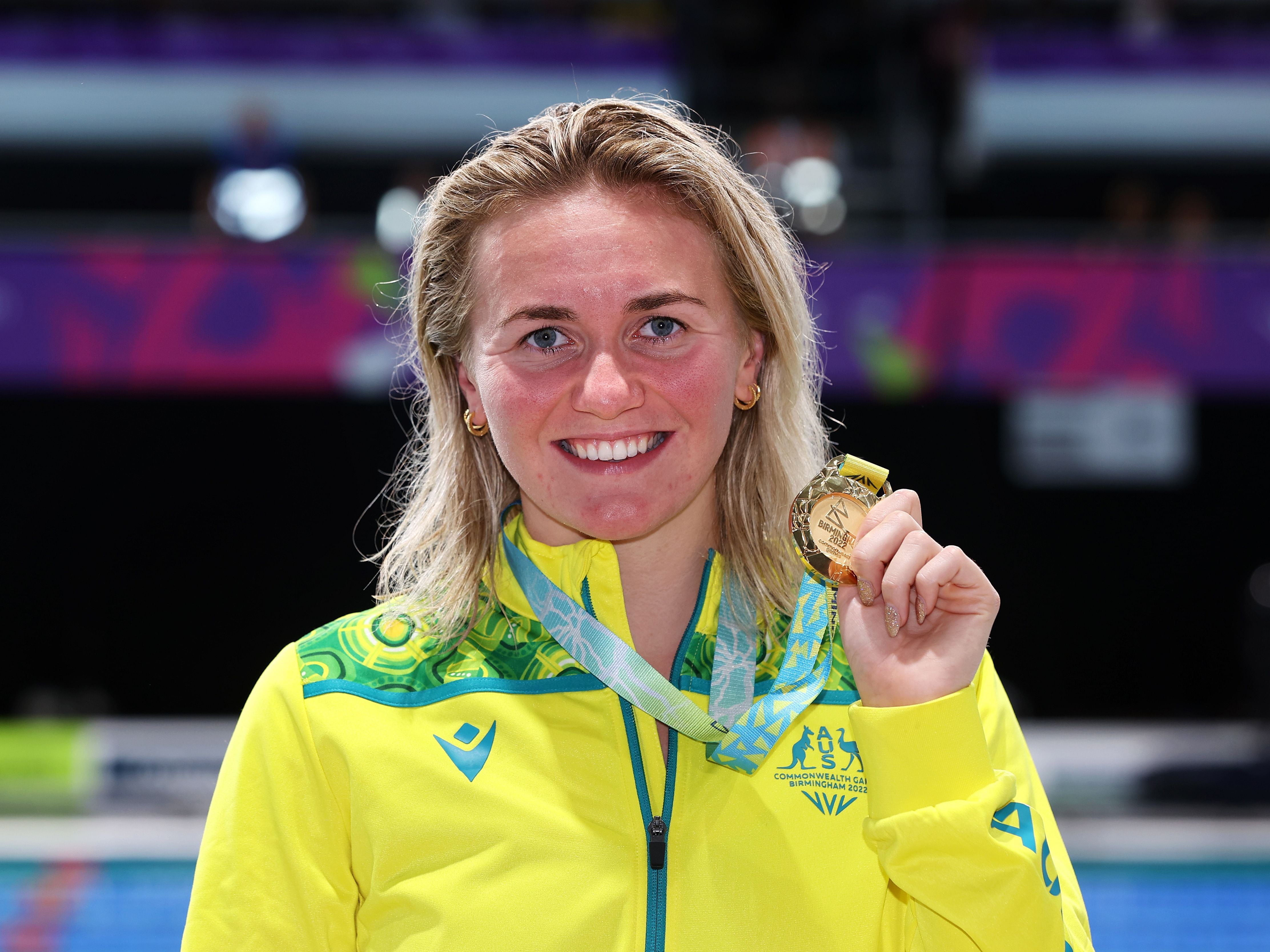 Gold medalist, Ariarne Titmus of Team Australia poses with their medal during the medal ceremony for the 400m Freestyle Final on day six of the Birmingham 2022 Commonwealth Games at Sandwell Aquatics Centre