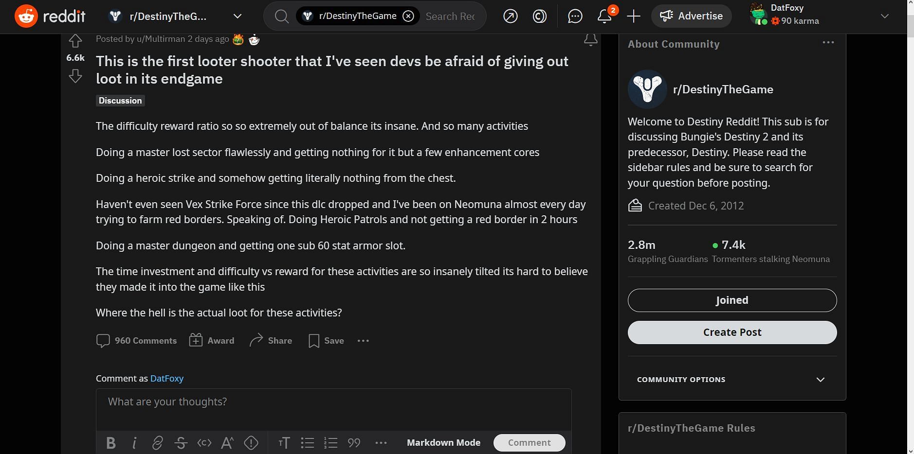 Destiny 2 post in question (Image via Reddit)