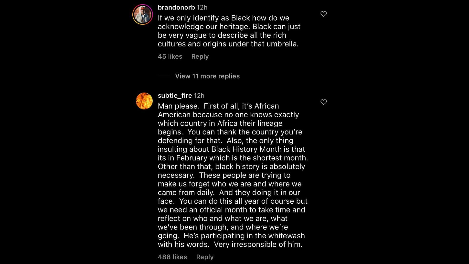 Screenshot of an internet user reacting to Freeman&#039;s comments on Black History Month and the term African-American